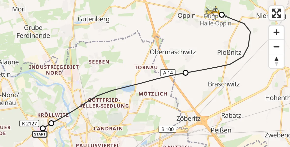 Flugroute Rettungshubschrauber Halle (Saale) University Hospital - Halle-Oppin Flugplatz, 12 Juli 2026, 22:13