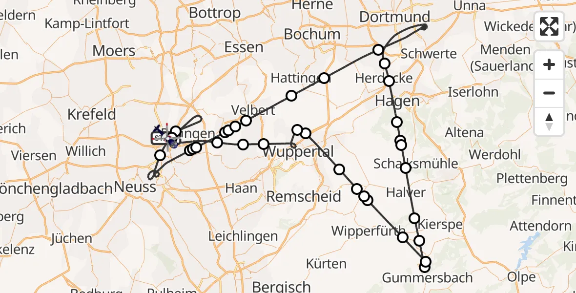 Flugroute Polizeihubschrauber Düsseldorf Flughafen - Düsseldorf Flughafen, 12 Juli 2026, 23:10