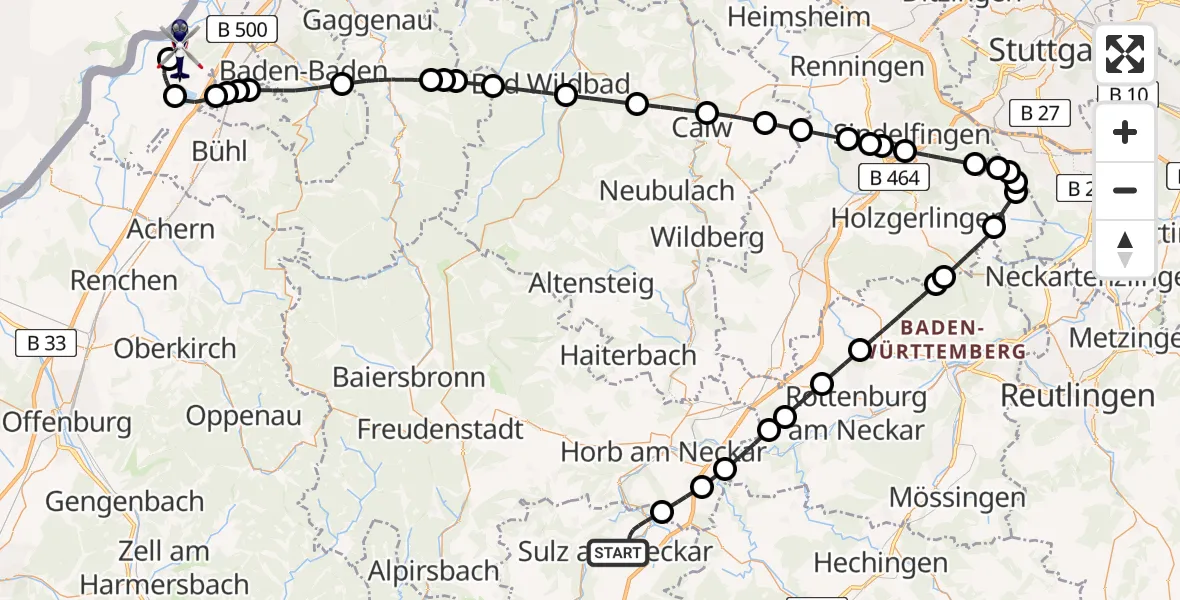Flugroute Polizeihubschrauber Sulz am Neckar - Karlsruhe Baden-Baden Flughafen, 12 Juli 2026, 23:32
