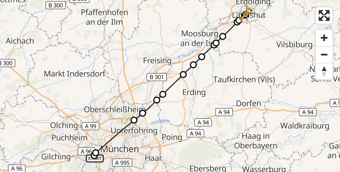 Flugroute Rettungshubschrauber DRF Air Rescue München Hubschrauberlandeplatz - Landshut Hospital, 13 Juli 2026, 01:35