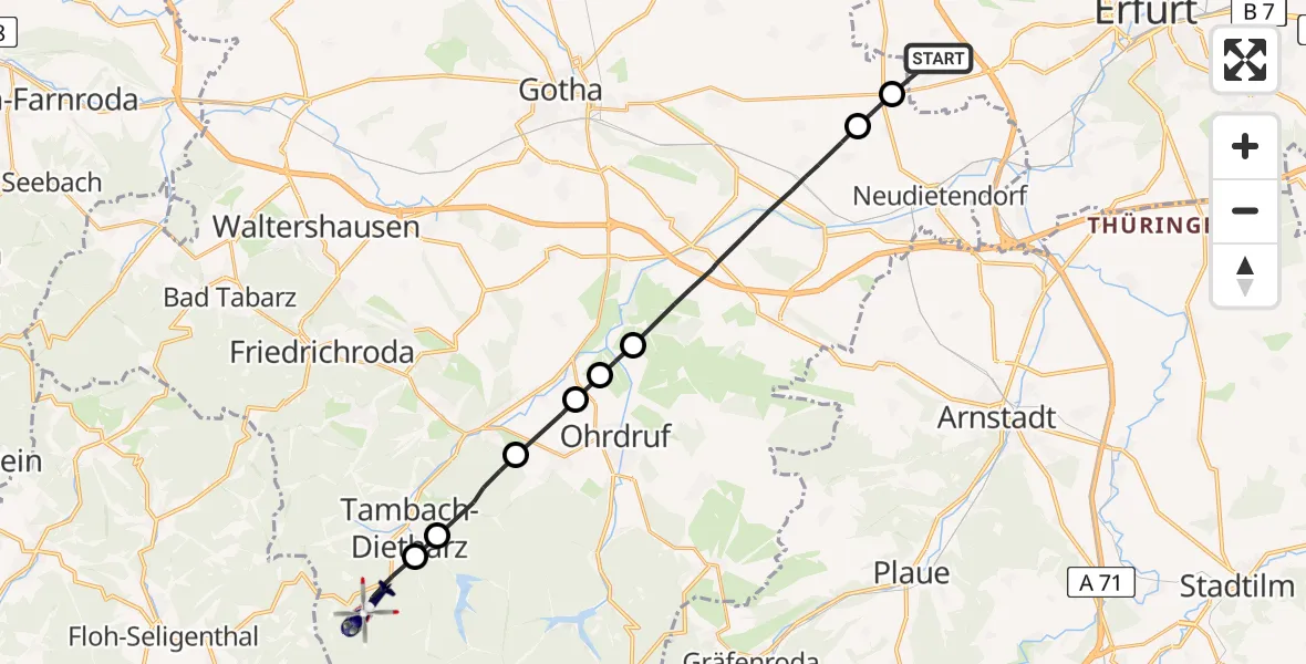 Flugroute Polizeihubschrauber Erfurt - Tambach-Dietharz/Thür.Wald, 13 Juli 2026, 02:00