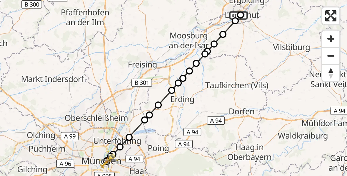 Flugroute Rettungshubschrauber Landshut Hospital - Rechts der Isar University Hospital, 13 Juli 2026, 02:20