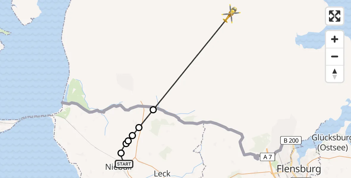 Flugroute Ambulanzhubschrauber Niebüll - Ellhöft, 13 Juli 2026, 02:56