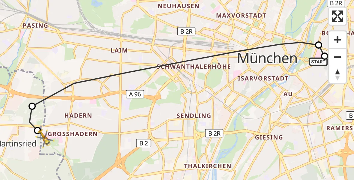 Flugroute Rettungshubschrauber Rechts der Isar University Hospital - DRF Air Rescue München Hubschrauberlandeplatz, 13 Juli 2026, 02:59