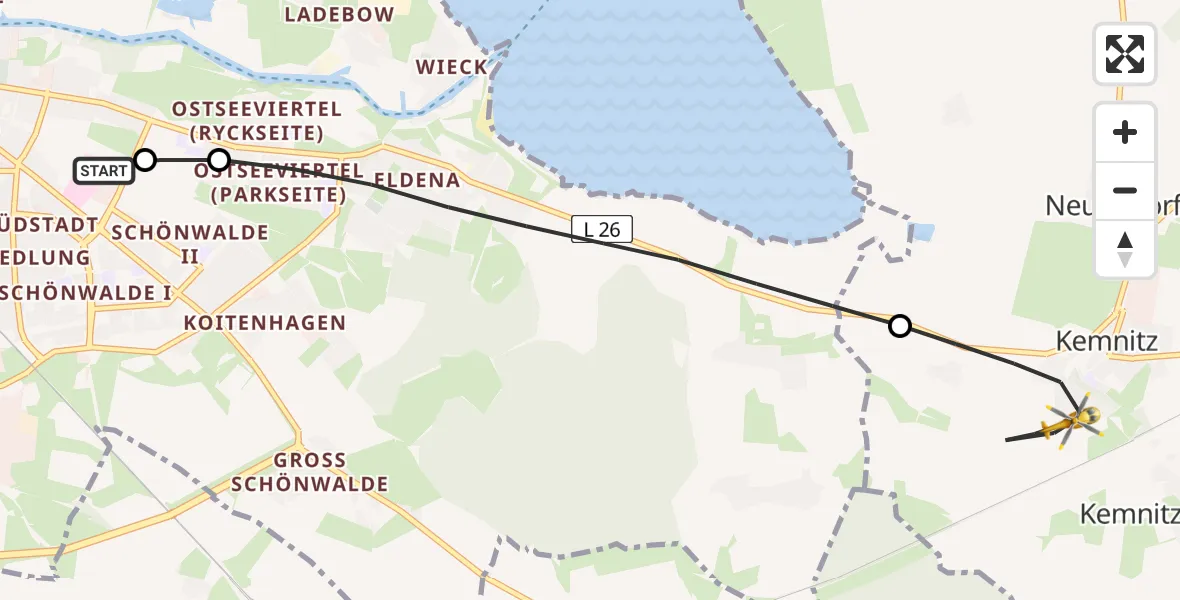 Flugroute Rettungshubschrauber Greifswald Hospital - Kemnitz, 13 Juli 2026, 04:25