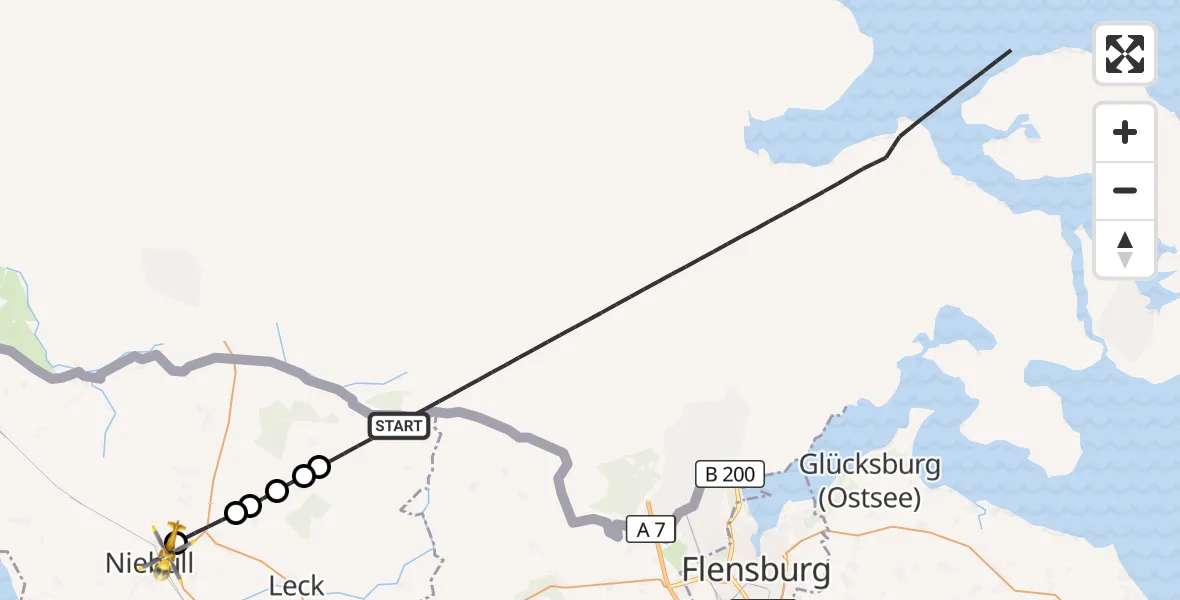 Flugroute Ambulanzhubschrauber Ladelund - Niebüll, 13 Juli 2026, 04:37