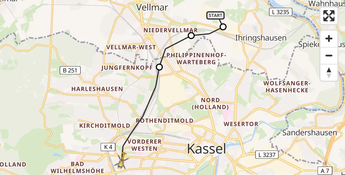 Flugroute Rettungshubschrauber Fuldatal Bundespolizei Hubschrauberlandeplatz - Kassel, 13 Juli 2026, 05:04