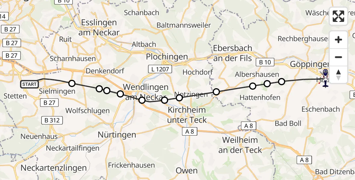 Flugroute Polizeihubschrauber Flughafen Stuttgart - Göppingen, 13 Juli 2026, 05:09