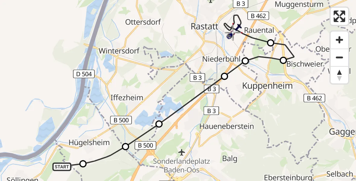 Flugroute Polizeihubschrauber Karlsruhe Baden-Baden Flughafen - Rastatt, 13 Juli 2026, 05:13
