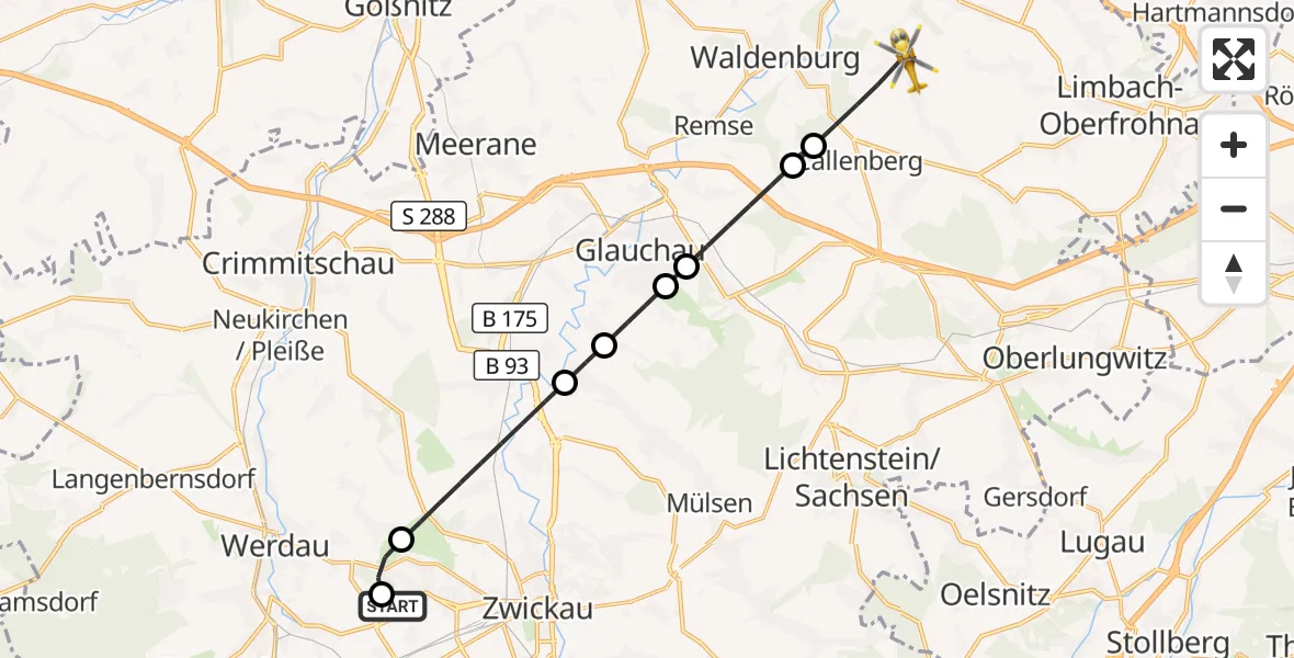 Flugroute Rettungshubschrauber ADAC Air Rescue Station Zwickau Hubschrauberlandeplatz - Callenberg, 13 Juli 2026, 05:16