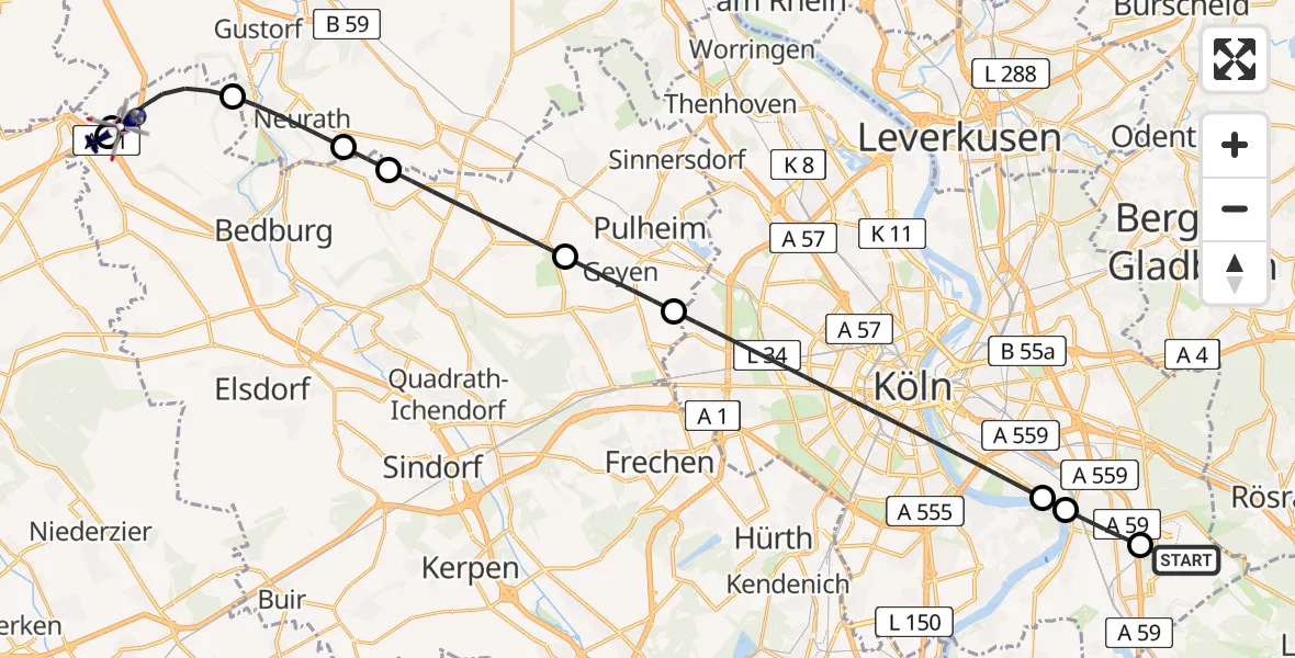 Flugroute Polizeihubschrauber Köln Bonn Flughafen - Bedburg, 13 Juli 2026, 05:20