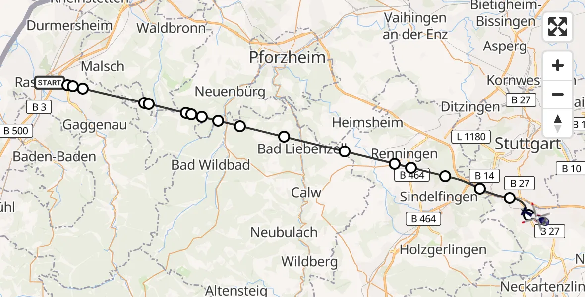 Flugroute Polizeihubschrauber Rastatt - Flughafen Stuttgart, 13 Juli 2026, 05:27