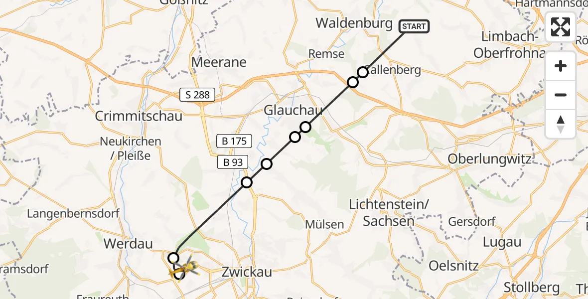 Flugroute Rettungshubschrauber Callenberg - ADAC Air Rescue Station Zwickau Hubschrauberlandeplatz, 13 Juli 2026, 05:43