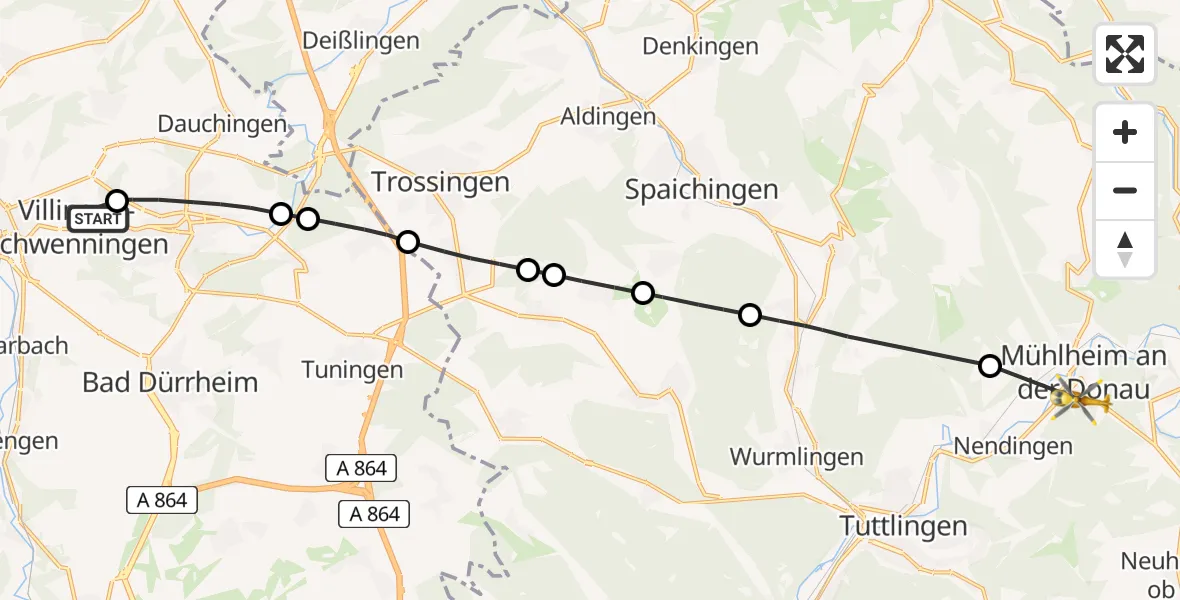 Flugroute Ambulanzhubschrauber DRF Air Rescue Station Villingen-Schwenningen Hubschrauberlandeplatz (Christoph 11) - Mühlheim an der Donau, 13 Juli 2026, 05:57