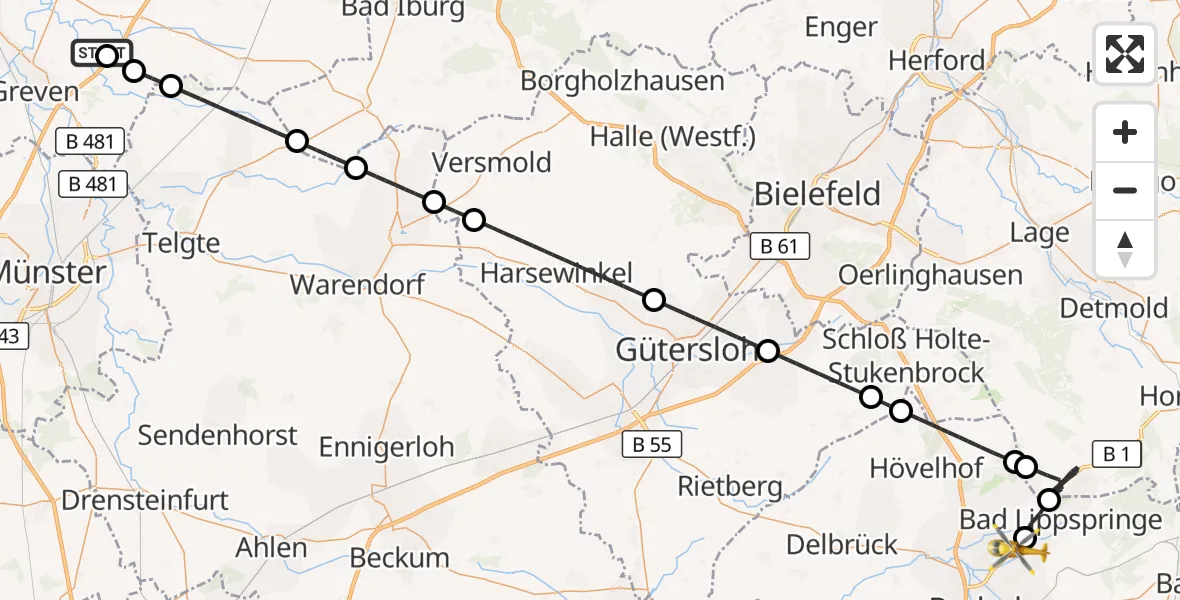 Flugroute Ambulanzhubschrauber Christoph  Westfalen-ADAC - Paderborn, 13 Juli 2026, 06:03