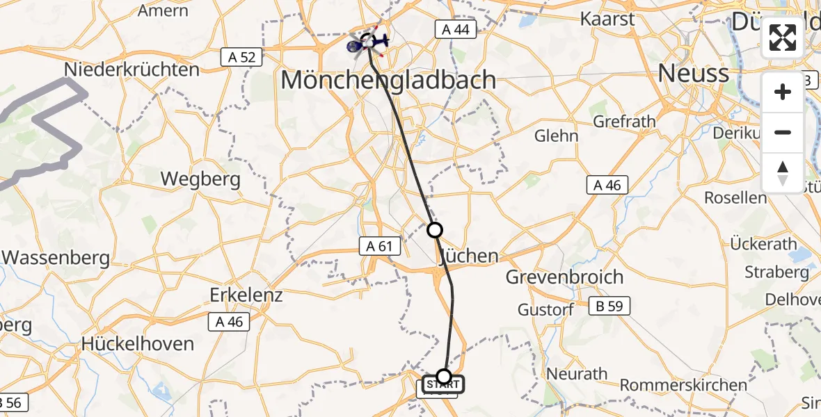 Flugroute Polizeihubschrauber Bedburg - Maria-Hilf-Klinik Hubschrauberlandeplatz, 13 Juli 2026, 06:08