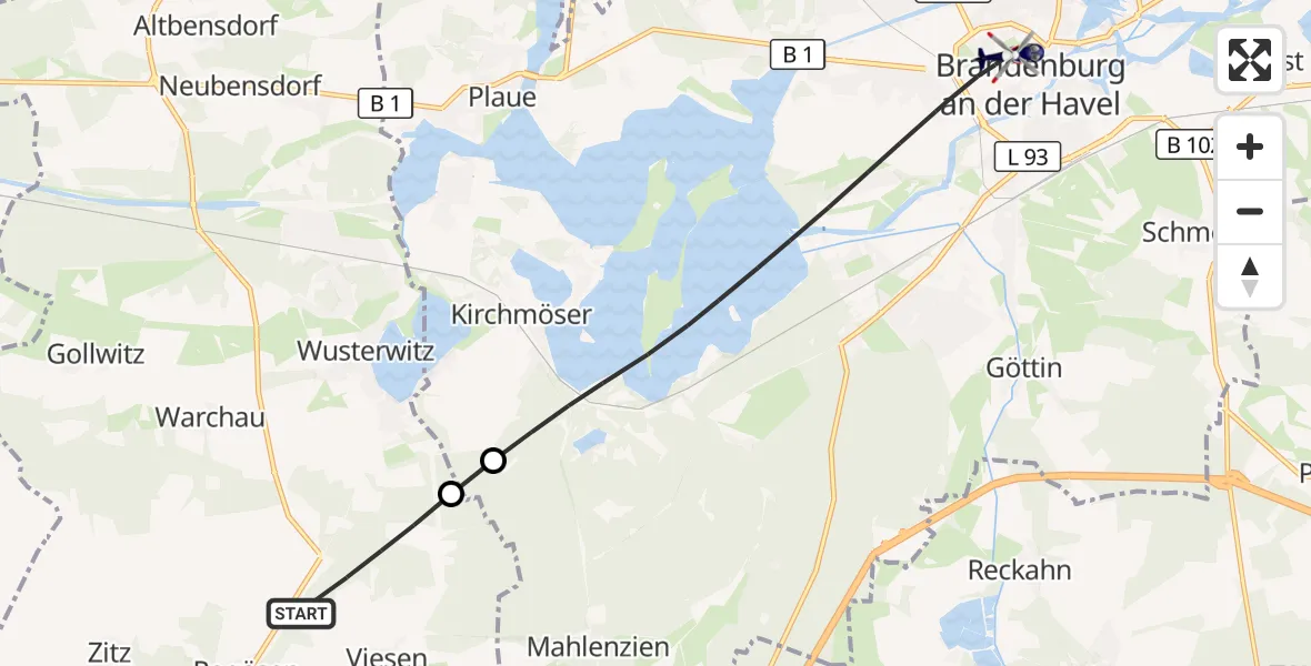Flugroute Polizeihubschrauber Rosenau - Brandenburg an der Havel, 13 Juli 2026, 06:14