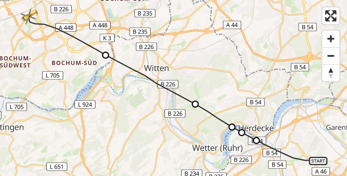 Flugroute Rettungshubschrauber Hagen - Bochum, 13 Juli 2026, 06:15