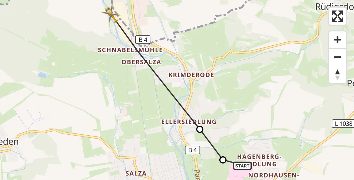 Flugroute Rettungshubschrauber Südharz Hospital Nordhausen - Nordhausen, 13 Juli 2026, 06:17