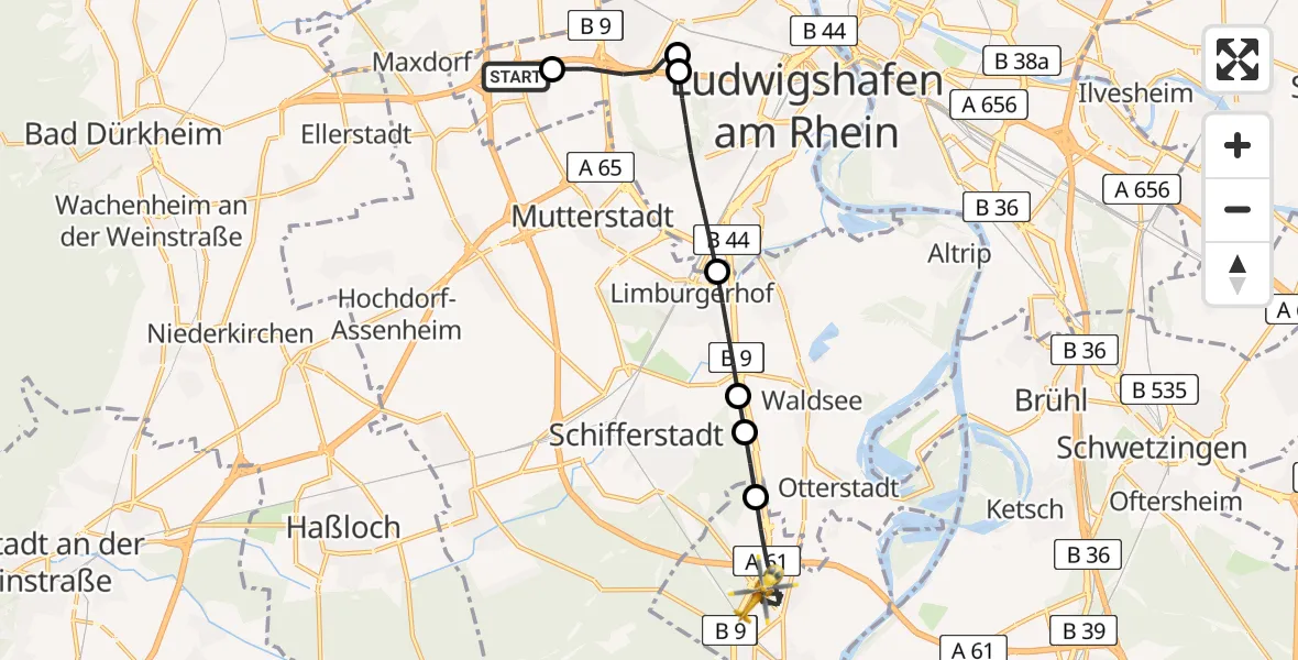 Flugroute Rettungshubschrauber Autobahnpolizei Ruchheim Hubschrauberlandeplatz - Speyer, 13 Juli 2026, 06:29