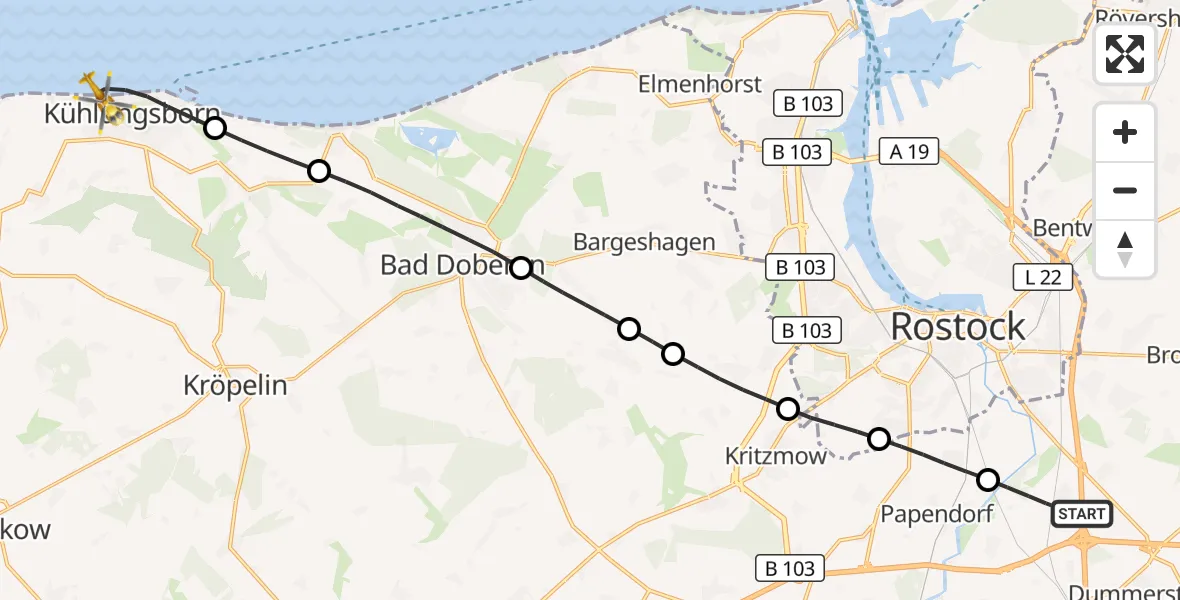 Flugroute Ambulanzhubschrauber Dummerstorf - Kühlungsborn, 13 Juli 2026, 06:30