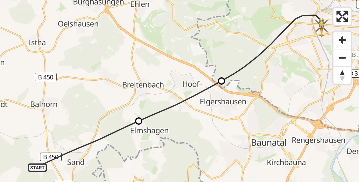 Flugroute Rettungshubschrauber Bad Emstal - Kassel, 13 Juli 2026, 06:31