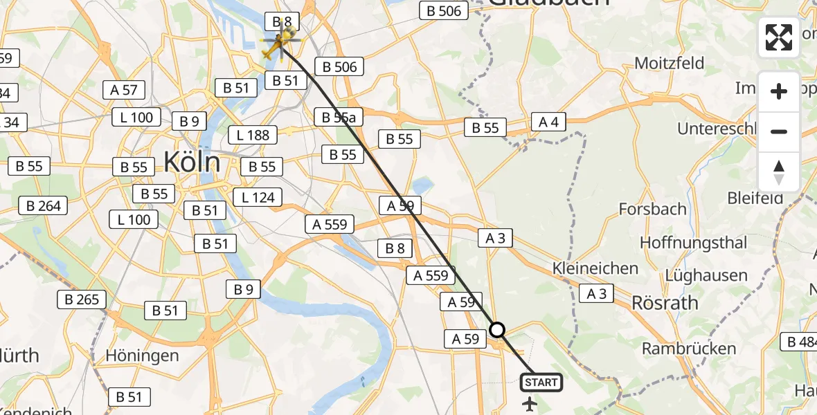 Flugroute Ambulanzhubschrauber Köln Bonn Flughafen - Köln, 13 Juli 2026, 06:35