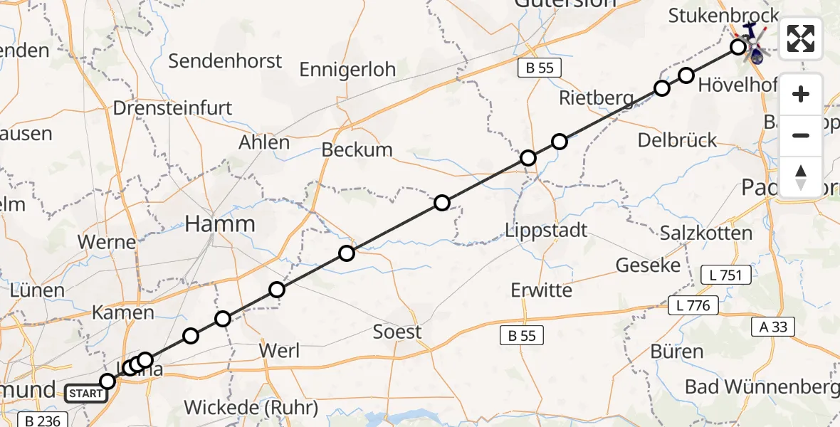 Flugroute Polizeihubschrauber Dortmund Flughafen - Schloß Holte-Stukenbrock, 13 Juli 2026, 06:36