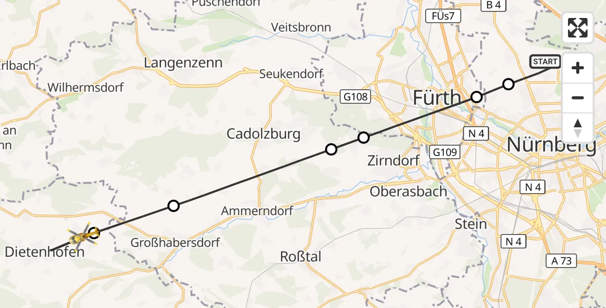 Flugroute Ambulanzhubschrauber Flughafen Nuremberg - Dietenhofen, 13 Juli 2026, 06:36