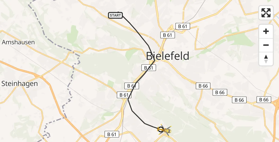 Flugroute Rettungshubschrauber Bielefeld - Luftrettungszentrum Bielefeld, 13 Juli 2026, 06:40