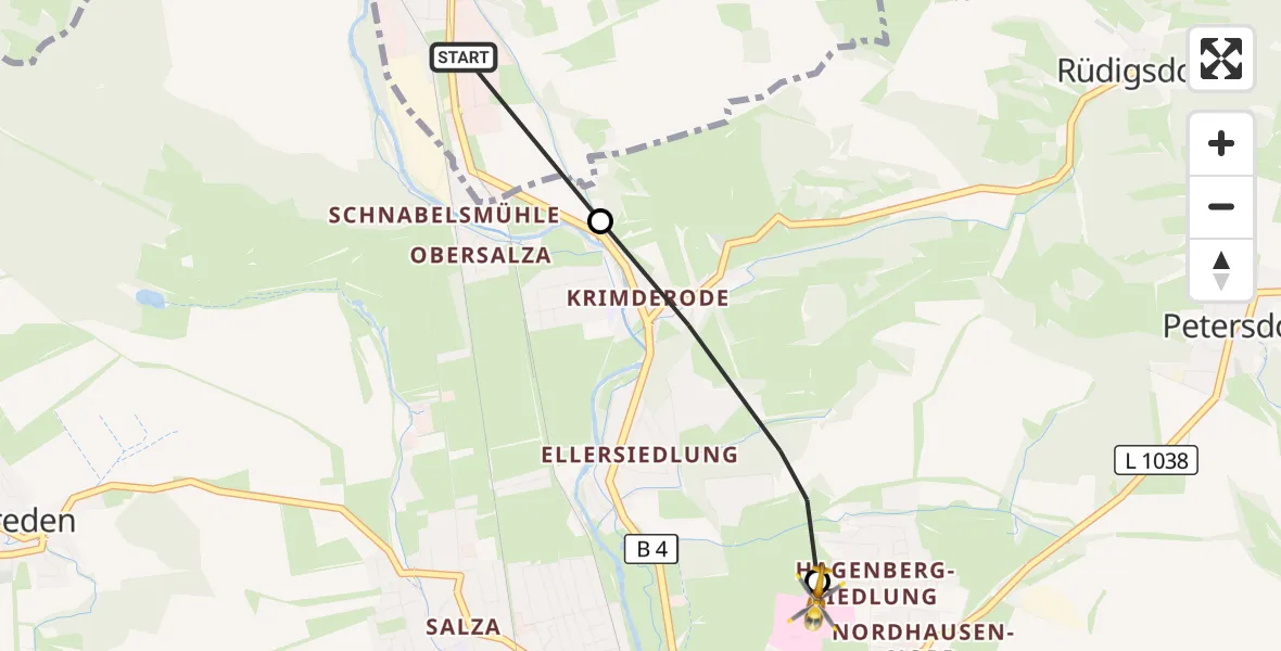 Flugroute Rettungshubschrauber Harztor - Südharz Hospital Nordhausen, 13 Juli 2026, 06:43