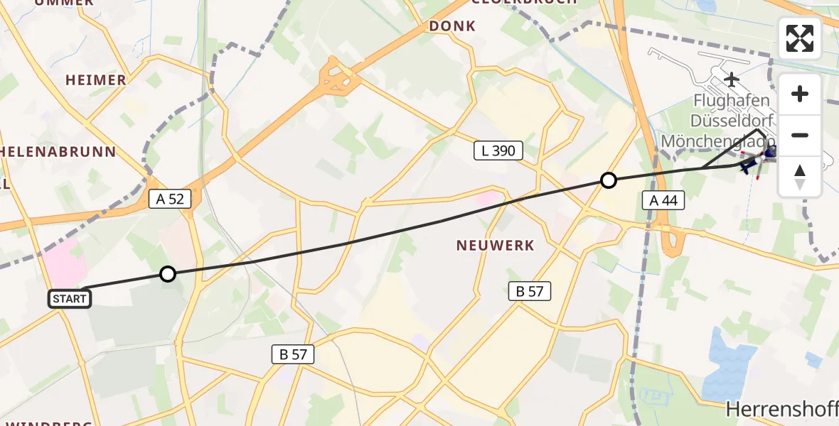 Flugroute Polizeihubschrauber Maria-Hilf-Klinik Hubschrauberlandeplatz - Mönchengladbach Flughafen, 13 Juli 2026, 06:45