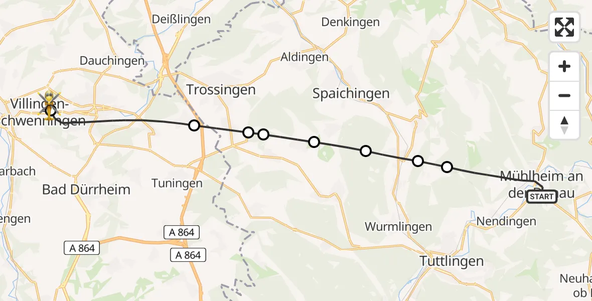 Flugroute Ambulanzhubschrauber Mühlheim an der Donau - DRF Air Rescue Station Villingen-Schwenningen Hubschrauberlandeplatz (Christoph 11), 13 Juli 2026, 06:47
