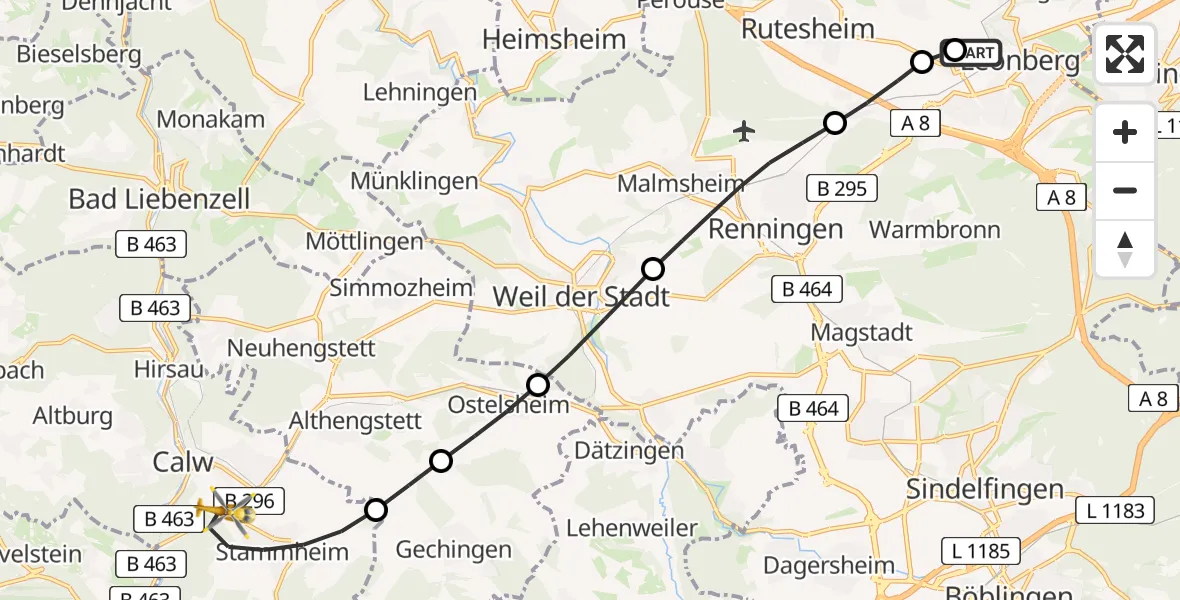 Flugroute Rettungshubschrauber Leonberg Hospital - Calw, 13 Juli 2026, 06:48