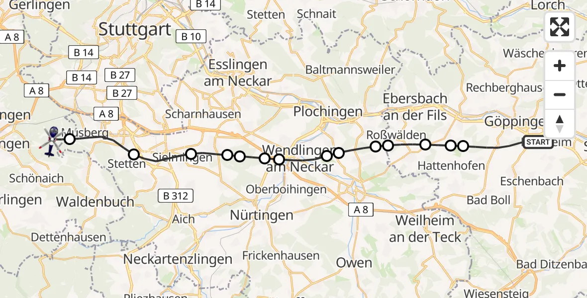 Flugroute Polizeihubschrauber Göppingen - Böblingen, 13 Juli 2026, 06:54