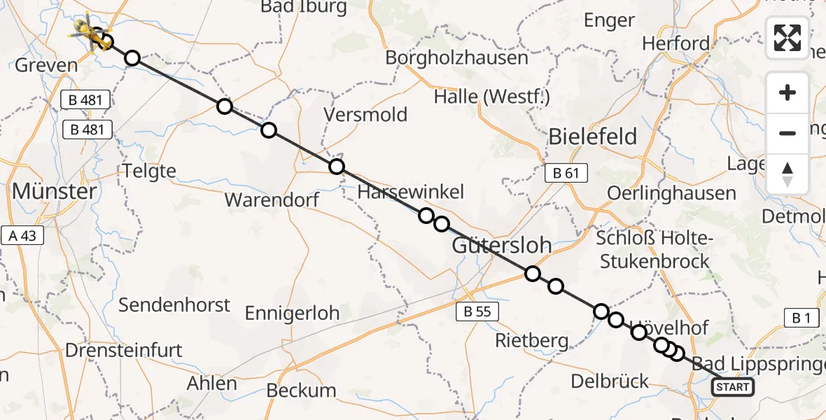 Flugroute Ambulanzhubschrauber Paderborn - Christoph  Westfalen-ADAC, 13 Juli 2026, 06:57