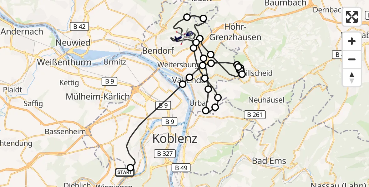 Flugroute Polizeihubschrauber Koblenz-Winningen Flugplatz - Bendorf, 13 Juli 2026, 06:58