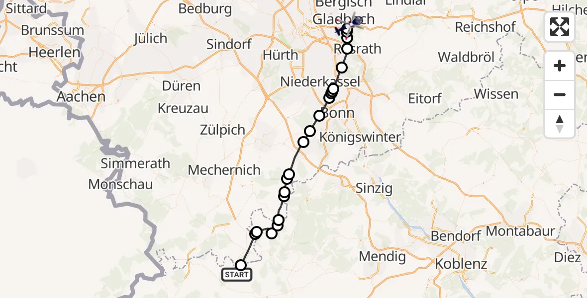 Flugroute Polizeihubschrauber Üxheim - Bergisch Gladbach, 13 Juli 2026, 06:59