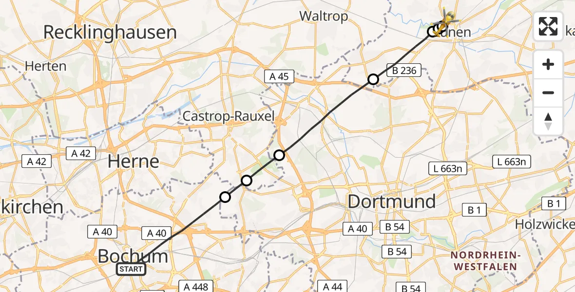 Flugroute Rettungshubschrauber Bochum - Sankt Marien Hospital, 13 Juli 2026, 07:09