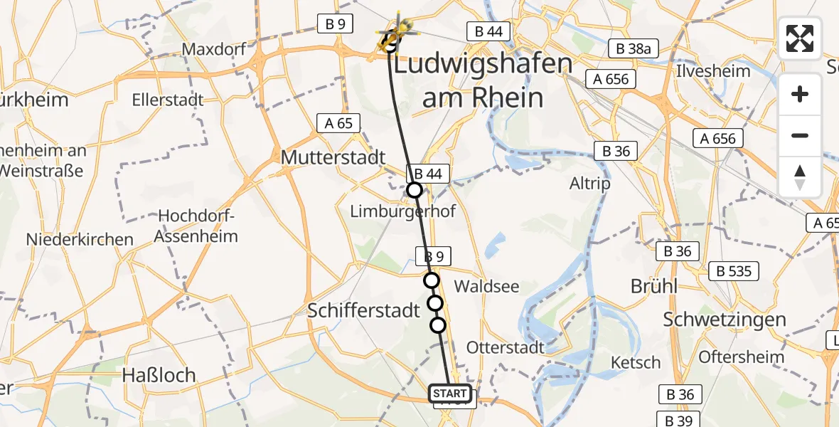 Flugroute Rettungshubschrauber Speyer - Ludwigshafen Accident Hospital, 13 Juli 2026, 07:11
