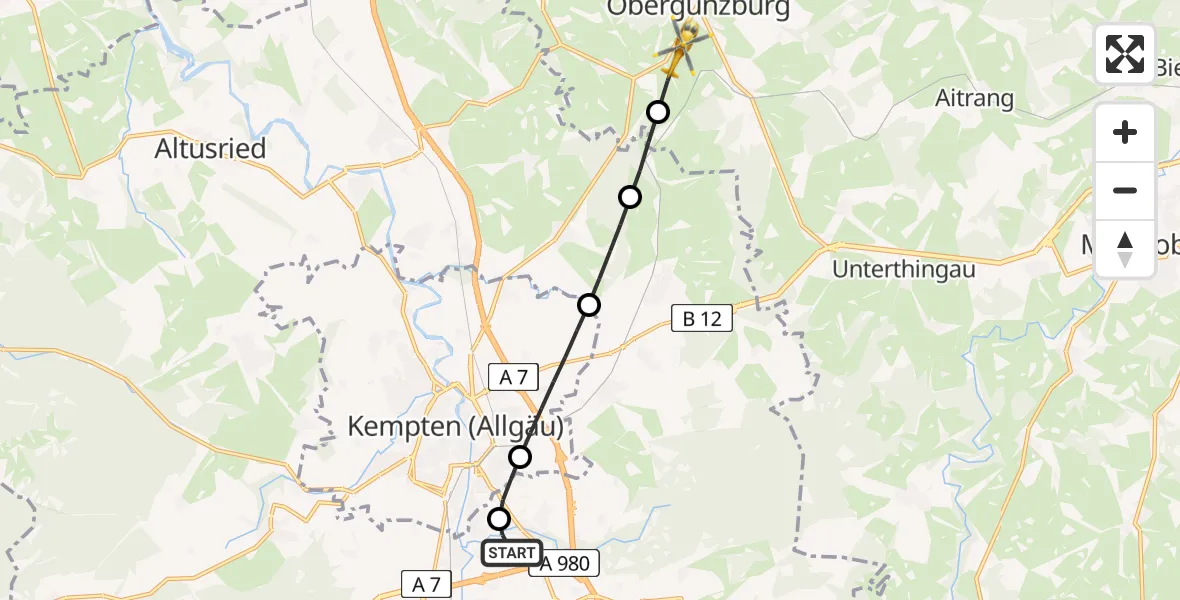 Flugroute Rettungshubschrauber Kempten-Durach Flugplatz - Günzach, 13 Juli 2026, 07:12