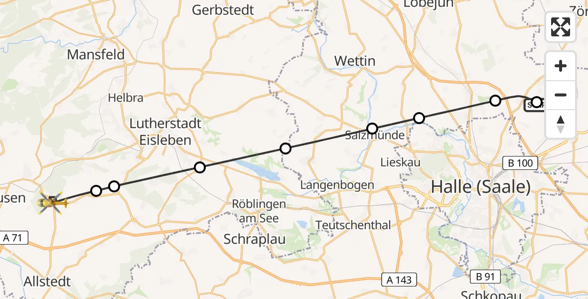 Flugroute Rettungshubschrauber Halle-Oppin Flugplatz - Allstedt, 13 Juli 2026, 07:15