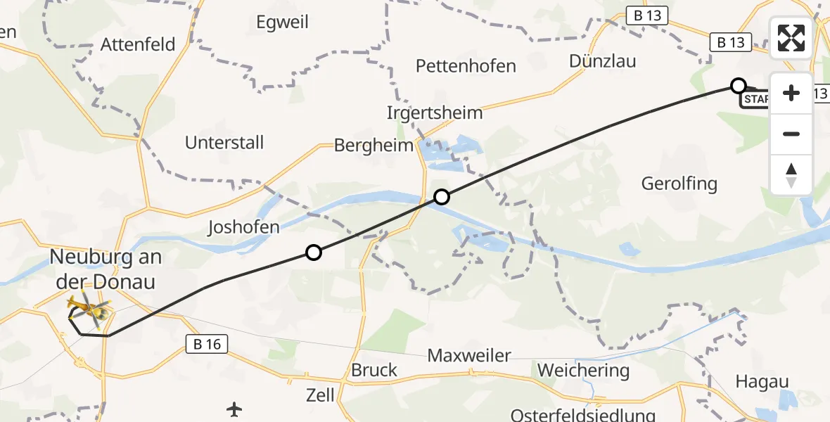 Flugroute Rettungshubschrauber Ingolstadt Hospital - Neuburg a.d.Donau, 13 Juli 2026, 07:15