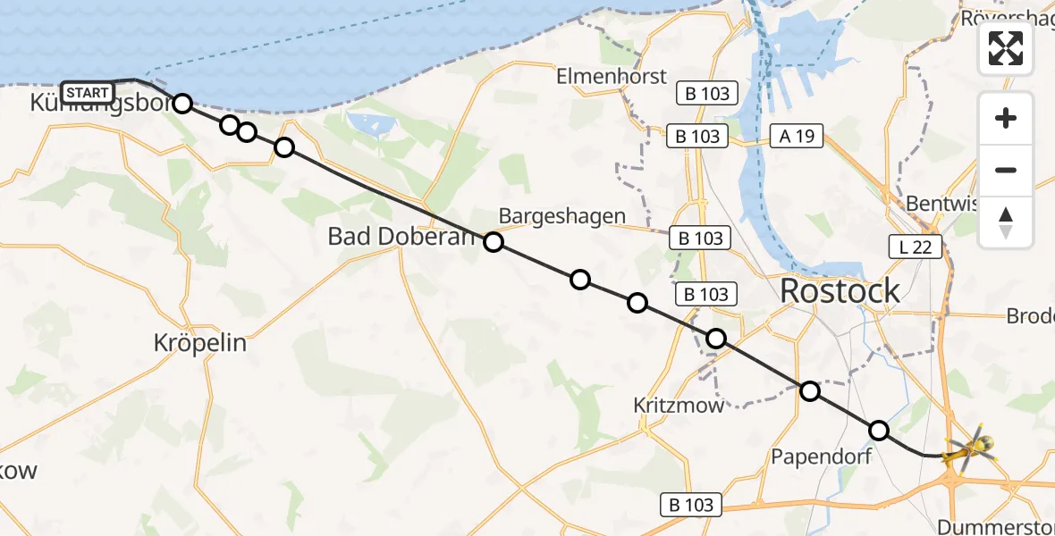 Flugroute Ambulanzhubschrauber Kühlungsborn - Dummerstorf, 13 Juli 2026, 07:16