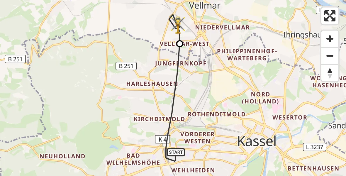 Flugroute Rettungshubschrauber Kassel - Vellmar, 13 Juli 2026, 07:17