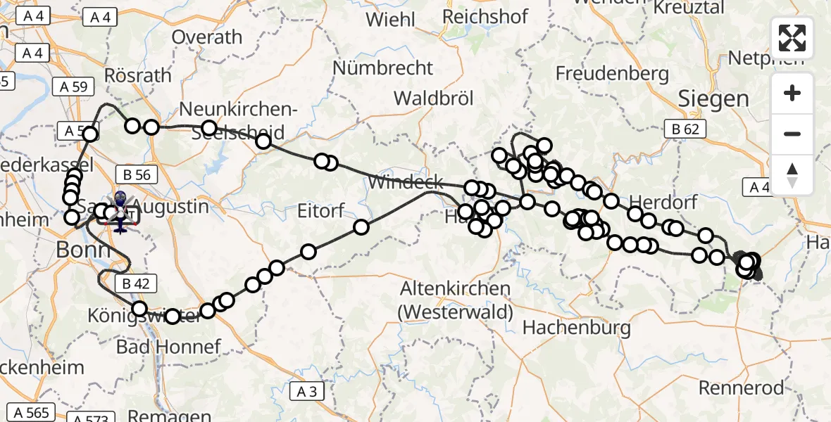 Flugroute Polizeihubschrauber Sankt Augustin - Bonn-Hangelar Flugplatz, 13 Juli 2026, 07:21
