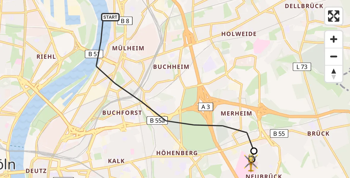 Flugroute Ambulanzhubschrauber Köln - Merheim Hospital, 13 Juli 2026, 07:23