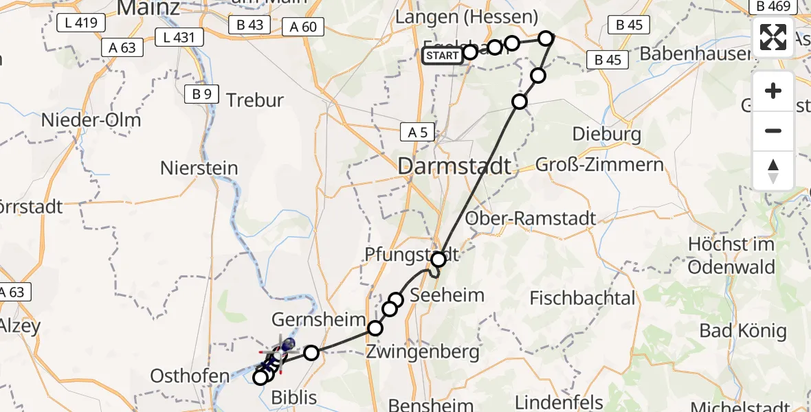 Flugroute Polizeihubschrauber Flughafen Frankfurt-Egelsbach - Worms, 13 Juli 2026, 07:28