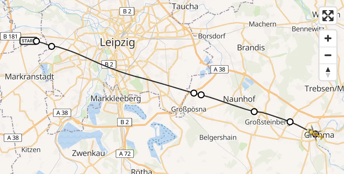 Flugroute Rettungshubschrauber Schkeuditz - Grimma Krankenhaus Hubschrauberlandeplatz, 13 Juli 2026, 07:29
