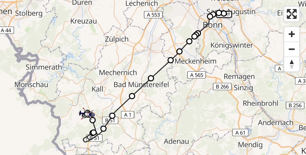 Flugroute Polizeihubschrauber Bonn-Hangelar Flugplatz - Hellenthal, 13 Juli 2026, 07:33